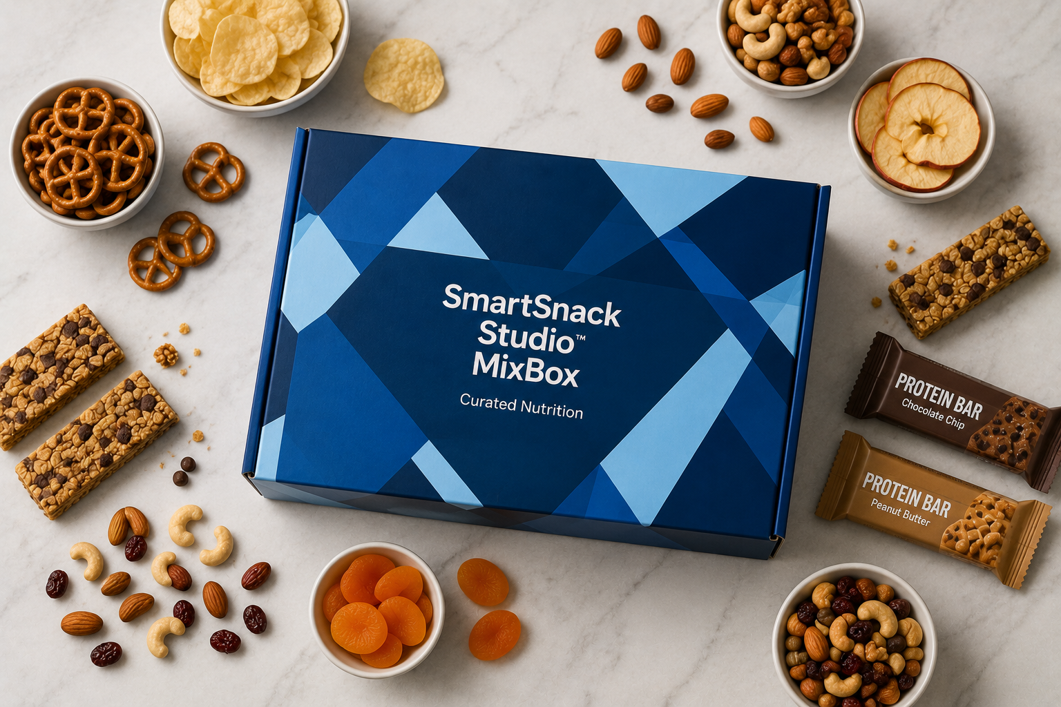 SmartSnack Studio MixBox - flatlay with snacks surrounding the box