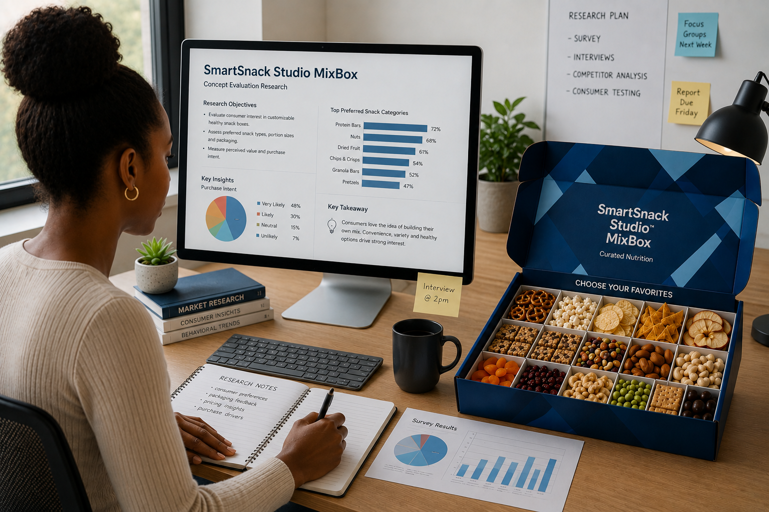 Researcher at desk reviewing SmartSnack Studio MixBox concept evaluation data