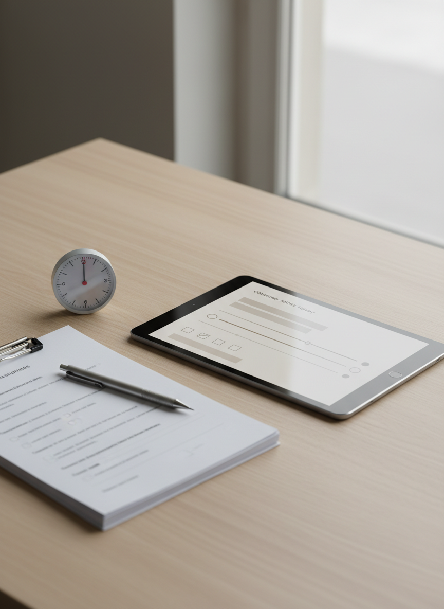A photographic, close-up scene of a digital tablet resting on a pale birch table, displaying a realistic survey interface with sliders, checkboxes, and neutral-toned UI elements that imply consumer attitude measurement without using readable text. Next to the tablet lies a stack of printed questionnaires bound with a small metal clip, a mechanical pencil, and a simple analog timer with a clean white face. Soft overcast window light from the right side creates gentle gradients and minimal shadows, resulting in a calm, methodical atmosphere. Captured from a slightly elevated angle with a moderate depth of field, the composition conveys the precision and structure of academic marketing research instrument design.