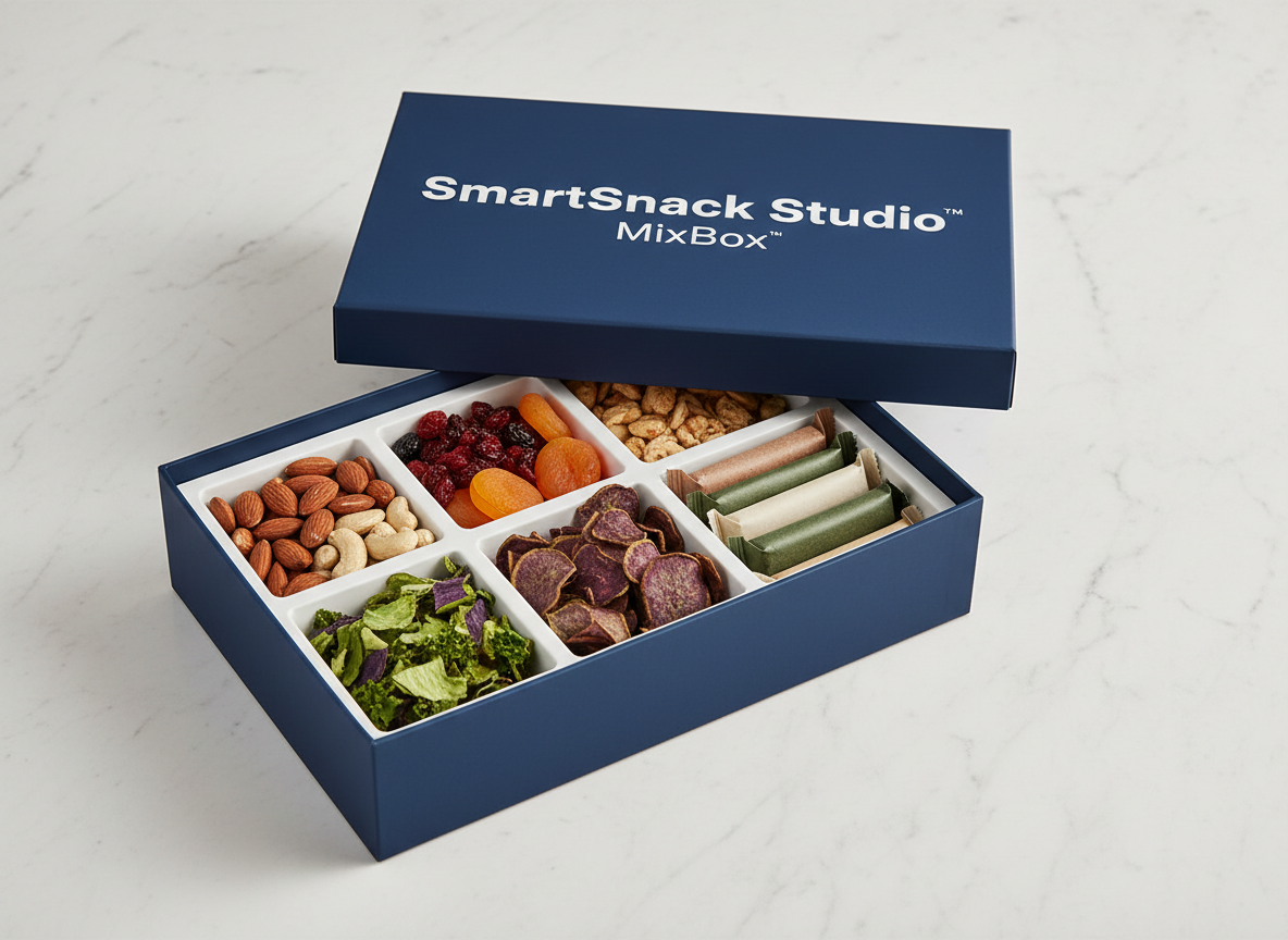 Navy blue SmartSnack Studio™ MixBox open and filled with neatly arranged snacks in organized compartments.